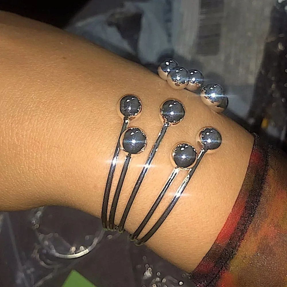 Sterling Silver Beaded Ball Bracelet Cuff Bangle Matching Ring Set
